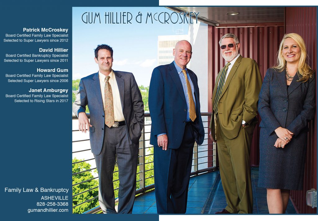 Advertisement image of Gum, Hillier & McCroskey's 2017 Super Lawyers Magazine Ad celebrating Janet Amburgey's first appearance on the list. Image taken on a balcony at one of the hotels in downtown Asheville.