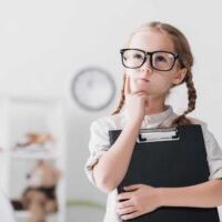 Image of a bright child wearing oversized glasses and holding a clipboard denoting support of children.