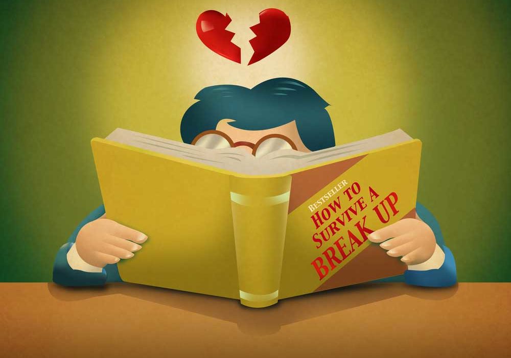Divorce Survival Vector drawing of man with a broken heart floating over his head behind a book entitled tips for surviving a breakup