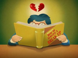 Vector drawing of man with a broken heart floating over his head behind a book entitled tips for surviving a breakup